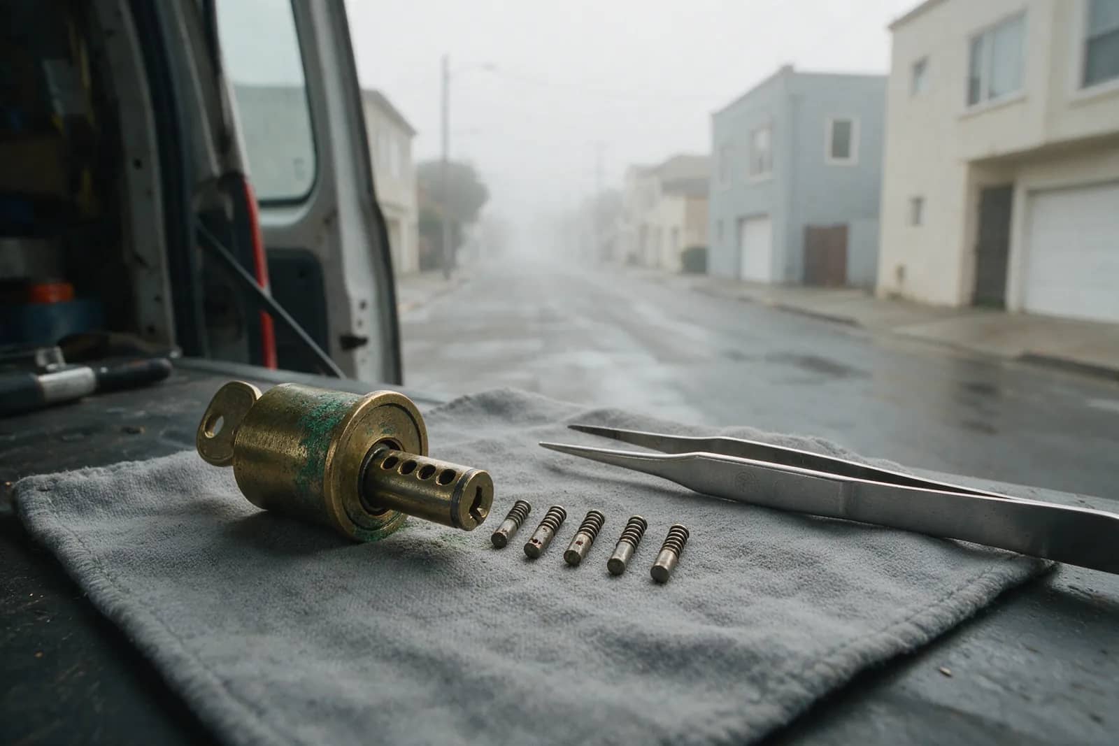 A corroded cylinder pulled from a Sunset front door, pitted pins laid out beside it on the van bench, fog on the street outside