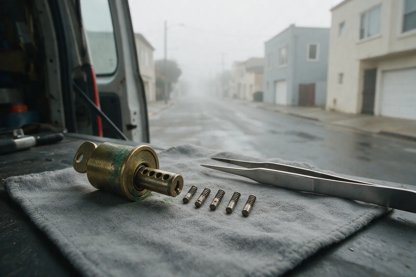 A corroded cylinder pulled from a Sunset front door, pitted pins laid out beside it on the van bench, fog on the street outside