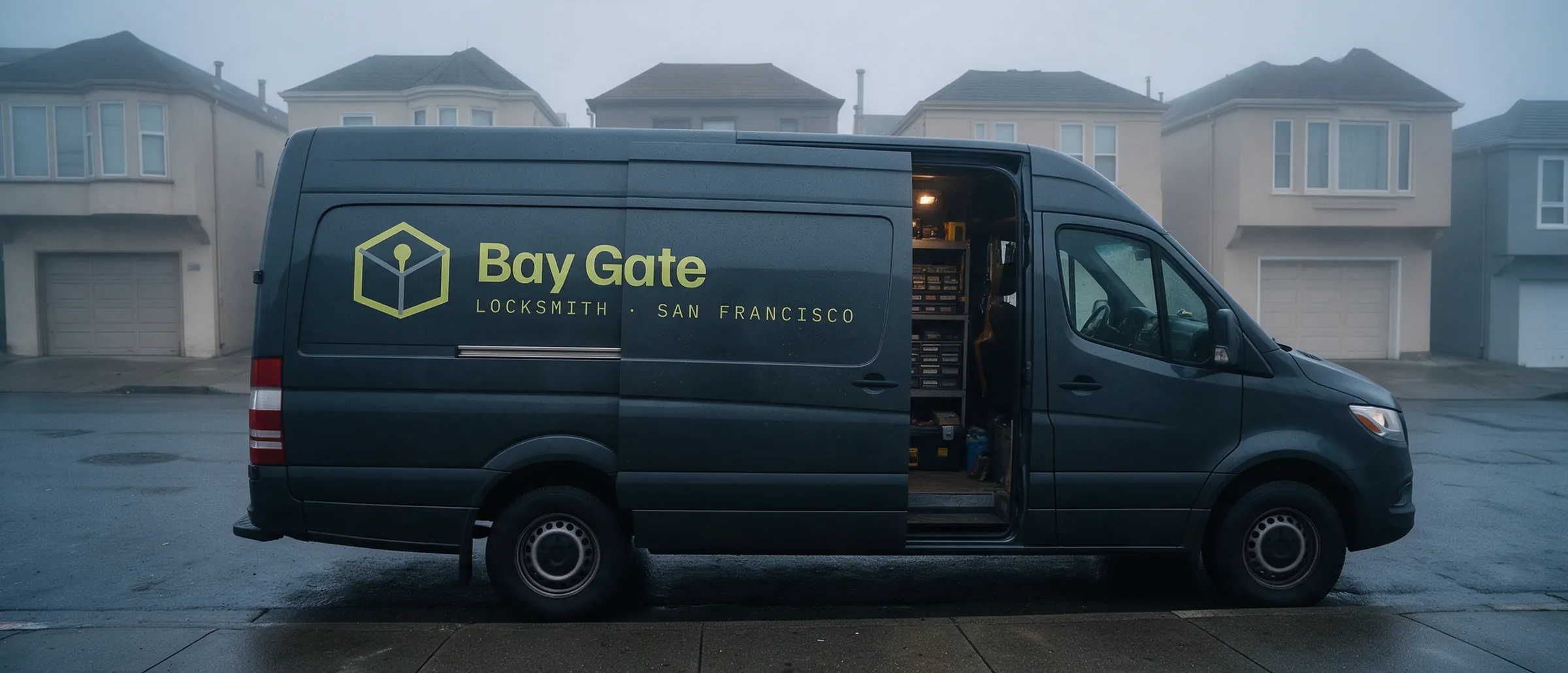 Bay Gate van parked on a Sunset avenue at dusk, fog coming down the block from the ocean